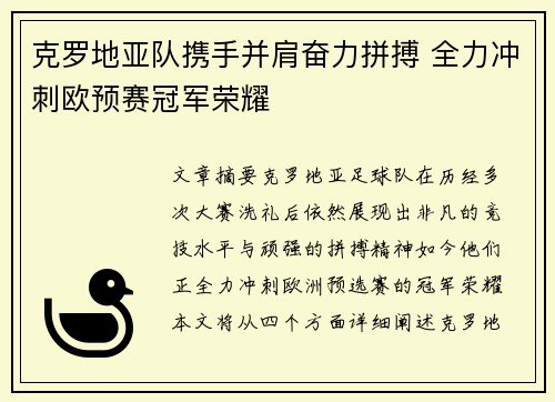 克罗地亚队携手并肩奋力拼搏 全力冲刺欧预赛冠军荣耀