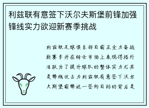 利兹联有意签下沃尔夫斯堡前锋加强锋线实力欲迎新赛季挑战