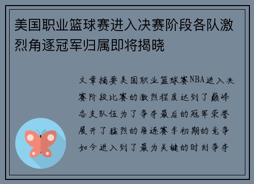 美国职业篮球赛进入决赛阶段各队激烈角逐冠军归属即将揭晓