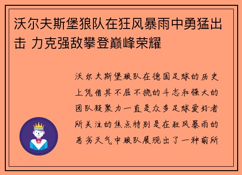 沃尔夫斯堡狼队在狂风暴雨中勇猛出击 力克强敌攀登巅峰荣耀